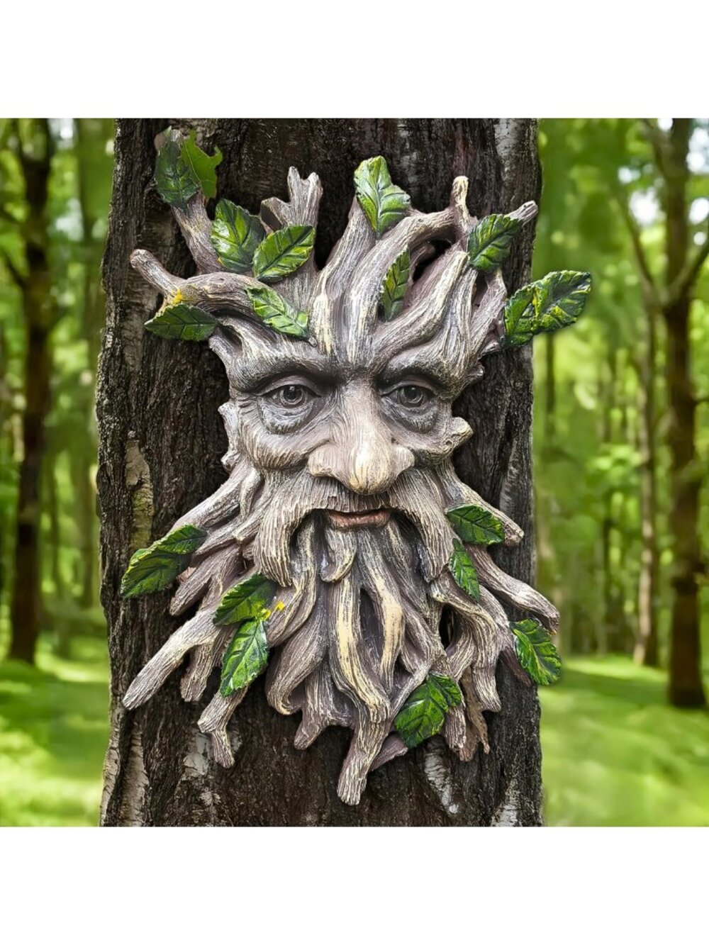 Whimsical Tree Face Garden Decor Statue | Large Outdoor Yard Art with Foliage